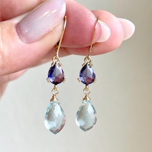 Amethyst and Aquamarine Earrings, Purple and Aqua Dangle Earrings in Gold, Dark Purple and Blue Drop Earrings, Elegant Fancy Gift for her