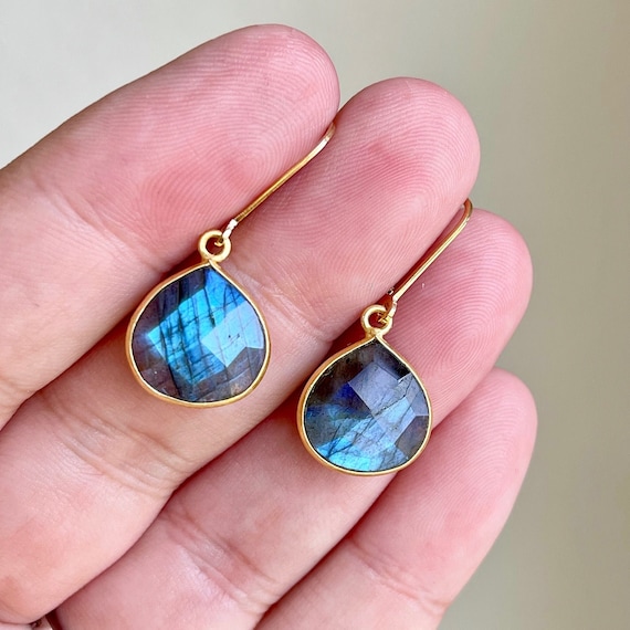 Labradorite Earrings Blue Labradorite Teardrop Earrings Faceted