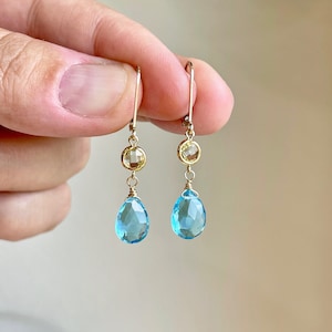 Citrine and Blue Topaz Earrings, November and December Birthstone, Yellow and Blue Dangle Drops in Gold, Blue Topaz Jewelry, Gift for her