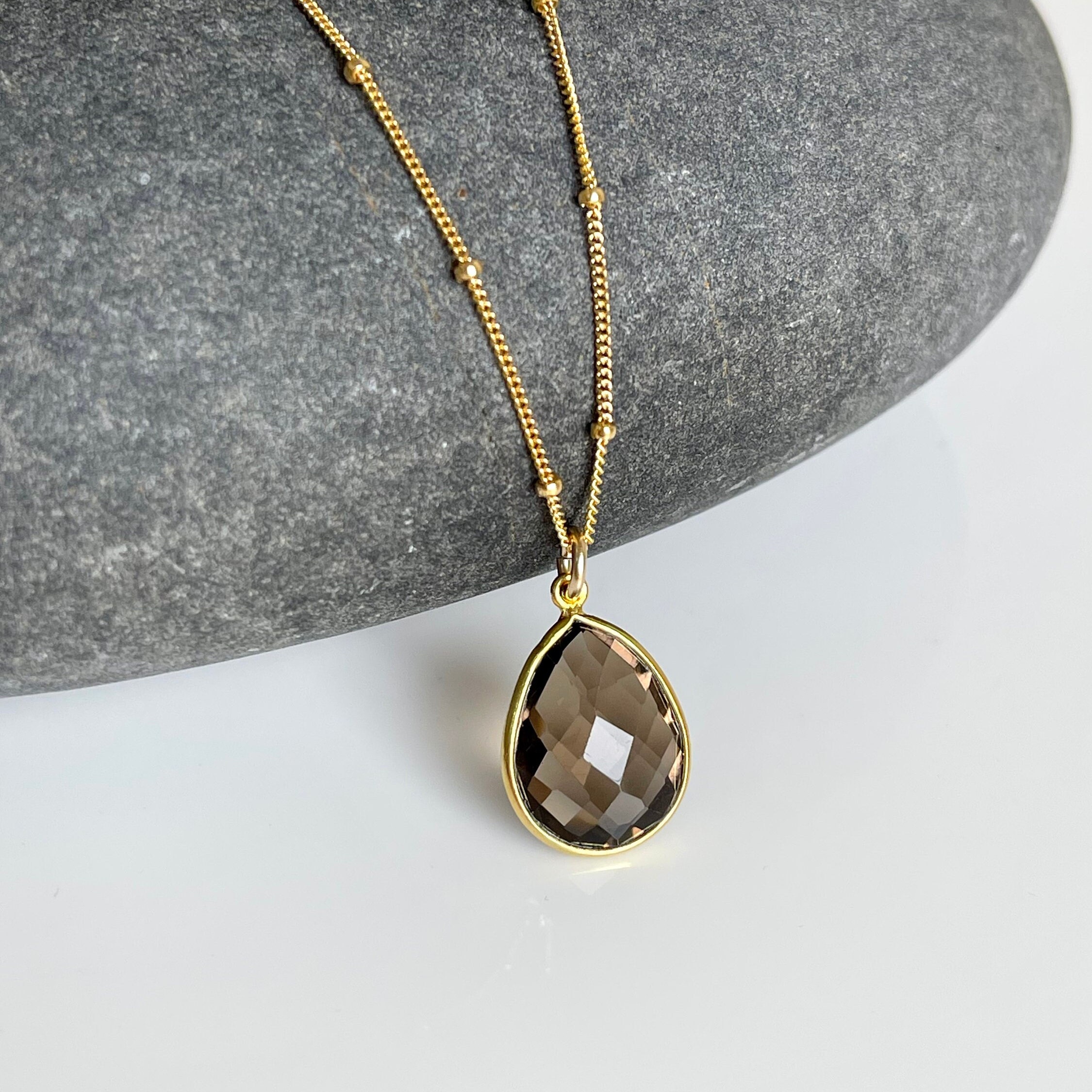 Smokey Topaz Necklace, Dark Brown Teardrop Pendant Bezeled