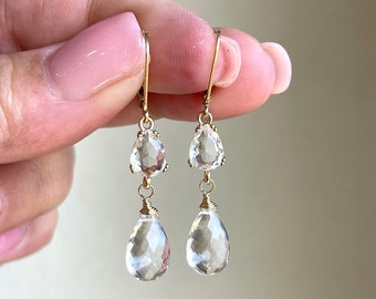 White Topaz Statement Earrings, Crystal Clear Teardrop Dangle Earrings in Gold Filled, April Birthstone Gift, Elegant Drop Mother's Day Gift