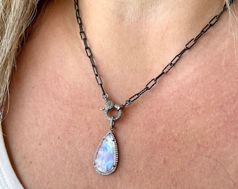 Rainbow Moonstone Teardrop Necklace, Moonstone Statement Pendant with White Topaz Pave in Oxidized Silver, Front Clasp Jewelry Gift for mom