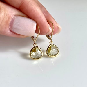 Yellow Topaz Teardrop Earrings, Light Yellow Drop Earrings in Gold Filled, November Birthstone, Small Dangle Bezeled Gemstone, Gift for her zdjęcie 2