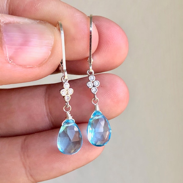 Blue Topaz Earrings, December Birthstone, Sky Blue Teardrop Dangle Earrings, Minimalist Earrings Gold or Silver, Blue Jewelry Gift for Bride