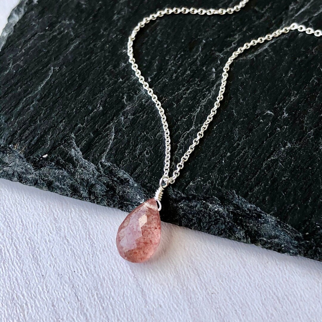 Strawberry Quartz Necklace, Pink Rutilated Teardrop Necklace, Gold
