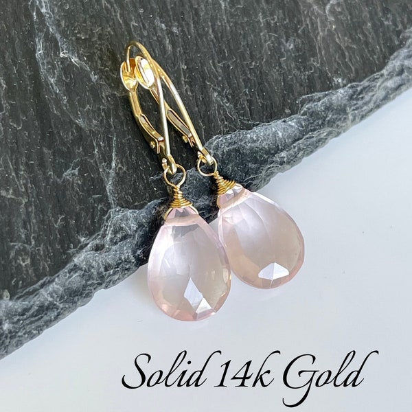 Rose Quartz Earrings, Blush Pink Teardrop Earrings in Solid 14k Gold, Unconditional Love, Real Gold Dangle Pastel Drops Mom of Girl Gift