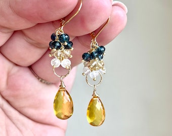 Yellow Topaz Moonstone and Blue Topaz Cluster Earrings, Yellow White and Blue Multicolor Statement Earrings in Gold, Elegant Gift for women