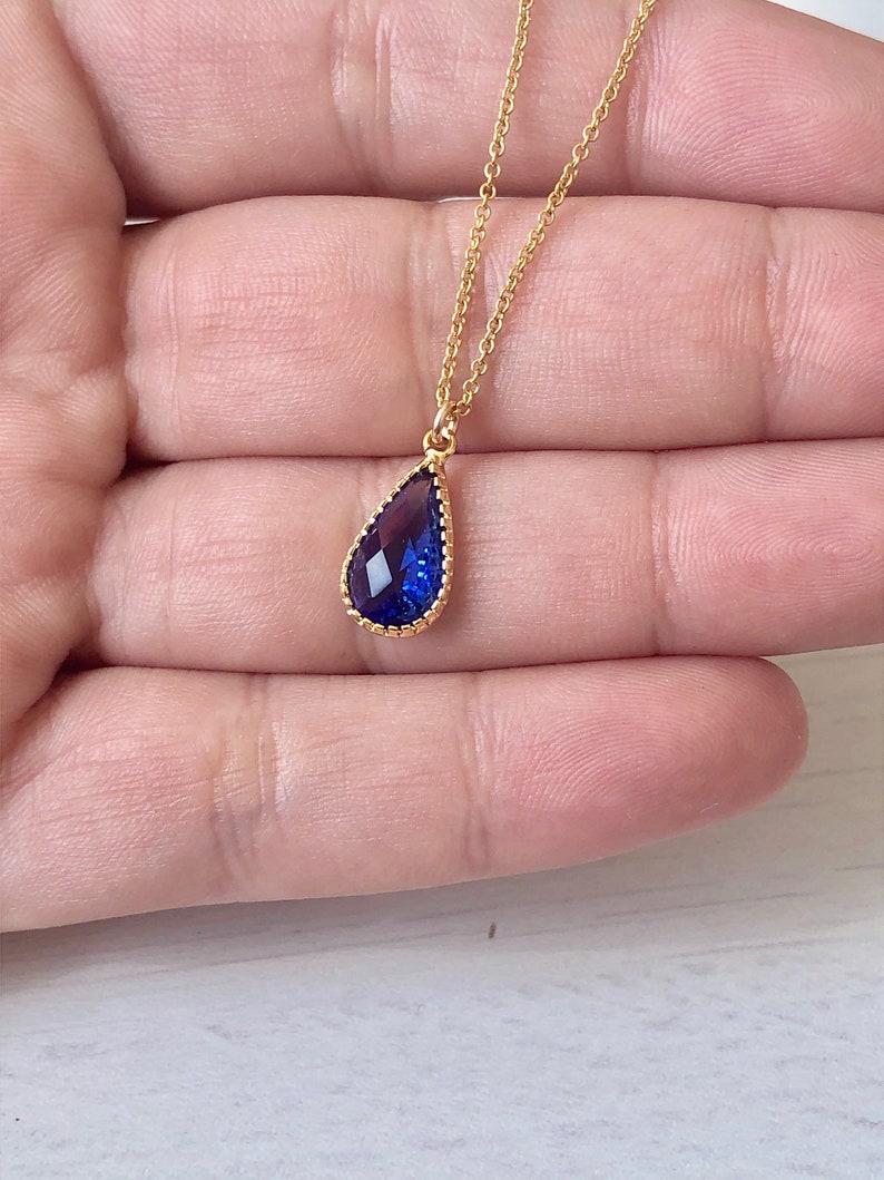 Blue Quartz Teardrop Necklace Gift for her September Birthstone Royal Blue Necklace Dainty Minimal Gold Necklace Small Sapphire Pendant