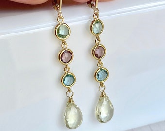 Topaz Earrings, Green Pink Blue and Lemon Topaz Elongated Earrings, Multicolor Statement Drops Gold or Silver, Topaz Jewelry Gift for her