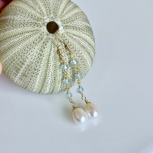 Pearl and Aquamarine Earrings, White and Blue Dangle Drops, Elegant Pearl Beaded Earrings Gold or Silver, June Birthstone, Gift for women image 5