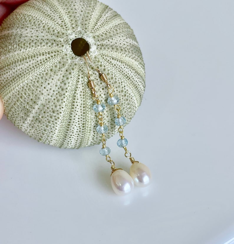 Pearl and Aquamarine Earrings, White and Blue Dangle Drops, Elegant Pearl Beaded Earrings Gold or Silver, June Birthstone, Gift for women image 5