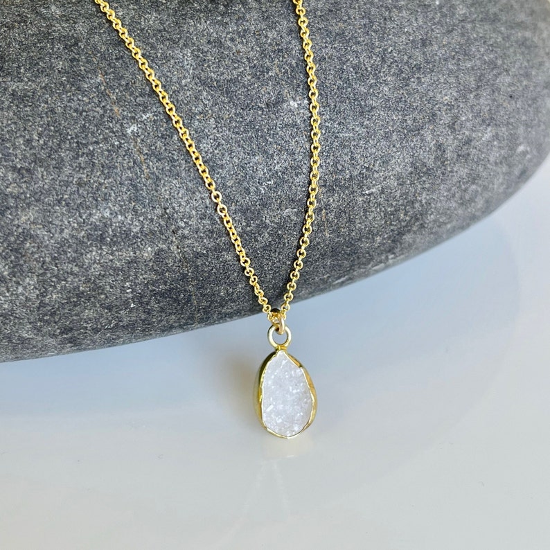 White Druzy Necklace, Geode Crystal Pendant, White Teardrop Necklace, Minimalist Necklace in Gold, Layering Jewelry, Boho Gift for her image 7