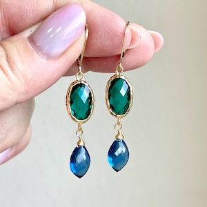 Emerald Quartz and Blue Topaz Earrings, Green and Blue Statement Earrings in Gold or Silver, Colorful Elegant Jewelry, Mother's Day Gift