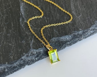 Peridot Necklace, August Birthstone, Tiny Lime Green Rectangle Pendant in Gold, Minimalist Baguette Layering Peridot Jewelry Gift for August