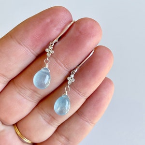 Aquamarine Earrings, March Birthstone, Aqua Blue Teardrop Dangle Earrings Gold or Silver, Minimalist Aquamarine Earrings, March Gift for her