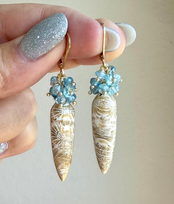Fossil Coral and Aquamarine Earrings, Fossilized Coral Statement Earrings in Gold Filled, Blue Summer Earrings, Coral and Aqua Elegant Drops