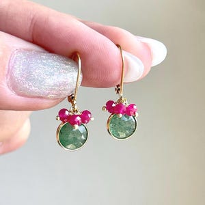Green Strawberry Quartz and Ruby Earrings, July Birthstone, Small Green and Hot Pink Minimal Round Jewelry in Gold, Vivid Color Summer Gift