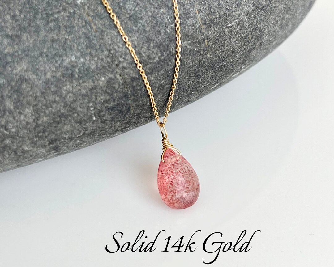 Pink Rutilated Quartz Strawberry Quartz Necklace, Pink Rutilated Teardrop Necklace in Solid ...