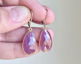 Pink Sapphire Earrings, Hot Pink Oval Earrings, Gold Fuchsia Dangle Drops, Pink Sapphire Jewelry, September Birthstone, Holiday Gift for her