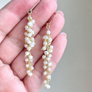 White Freshwater Pearl Earrings, White Long Cluster Earrings in Gold, Statement Shoulder Duster Earrings, June Birthstone Jewelry, Mom Gift