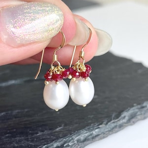Pearl and Ruby Earrings, July Birthstone, Small Ruby Earrings, Dainty Pearl Earrings, Birthday Gift, Delicate Pearl Gold Earrings for her