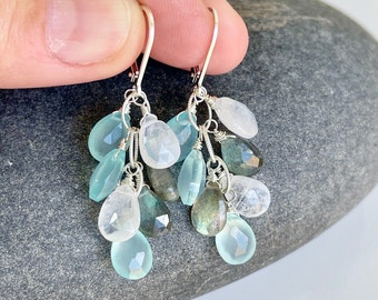 Moonstone Labradorite and Chalcedony Statement Earrings, Multicolor Teardrop Cluster Earrings Gold or Silver, Summer Earrings, Gift for her