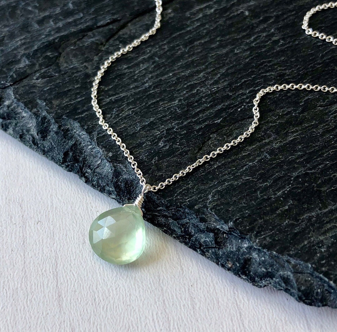 Prehnite Necklace, Lime Green Teardrop Pendant, Minimalist Mint