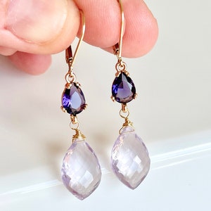 Amethyst Statement Earrings, Dark and Light Purple Dangle Earrings in Gold, February Birthstone, Lavender Elegant Drop Earrings Gift for her image 1