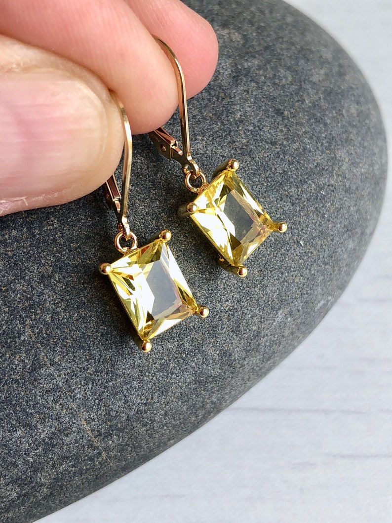 Citrine Earrings, Yellow Citrine Emerald Cut Dangle Drops in Gold or Silver, November Birthstone, Summer Yellow Jewelry, Gift for women Gold Filled