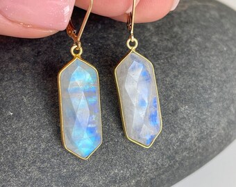 Rainbow Moonstone Statement Earrings, White Faceted Elongated Hexagon Earrings Gold or Silver, June Birthstone, Boho Jewelry Gift for Mom