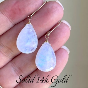 Rainbow Moonstone Earrings, June Birthstone, Blue Fire Moonstone Elongated Solid 14k Yellow Gold Teardrop Earrings, Mother&#39;s Day Gift