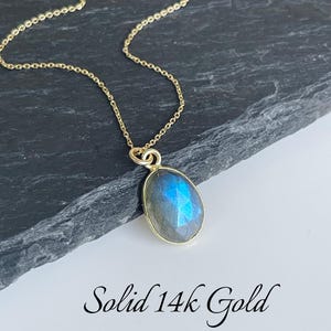 Labradorite Necklace, Solid 14k Gold Necklace, Blue Labradorite Minimalist Pendant, Real Yellow Gold Anniversary Gift, Birthday gift for her