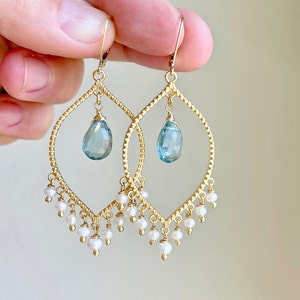 Pearl Chandelier Earrings, Aquamarine Earrings, June Birthstone, Gold Chandelier Earrings, Statement Earrings, Pearl Dangle Earrings