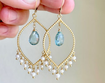 Pearl Chandelier Earrings, Aquamarine Earrings, June Birthstone, Gold Chandelier Earrings, Statement Earrings, Pearl Dangle Earrings