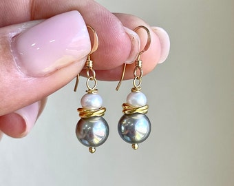 Gray and White Pearl Earrings, June Birthstone, Gray Silver and White Pearl Minimalist Jewelry in Gold or Silver, Small Light Gift for her