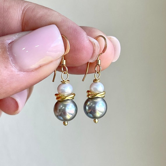 Gray and White Pearl Earrings, June Birthstone, Gray Silver and White Pearl Minimalist Jewelry in Gold or Silver, Small Light Gift for her