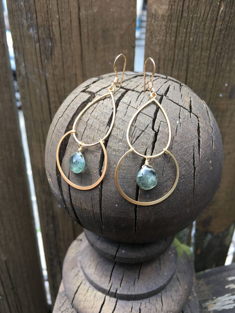•DROPLET• moss aquamarine + gold dangle earrings main image 1