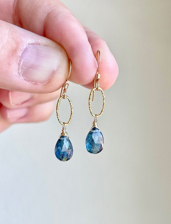 Blue Tourmaline Earrings Teal Gold Earrings October Birthstone Small Everyday Blue Dangle Earrings Tourmaline Gift Dainty Gift for Her Etsy Sweden
