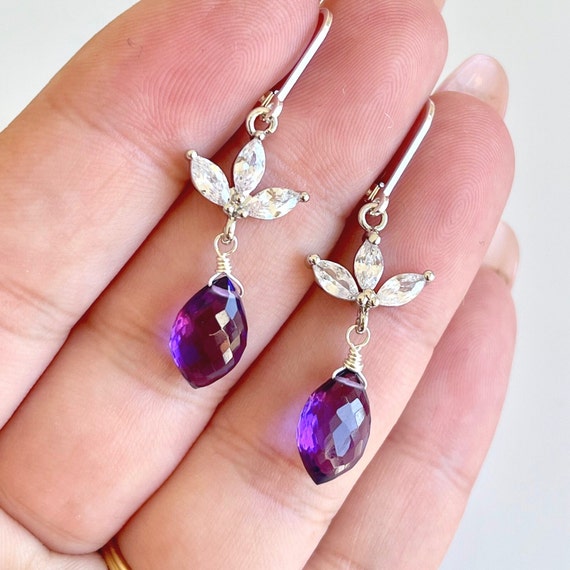 Amethyst Earrings February Birthstone Purple Teardrop Flower