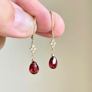 Garnet Earrings, January Birthstone, Red Teardrop Dangle Earrings, Minimalist Earrings Gold or Silver, Dainty Garnet Jewelry, Gift for women