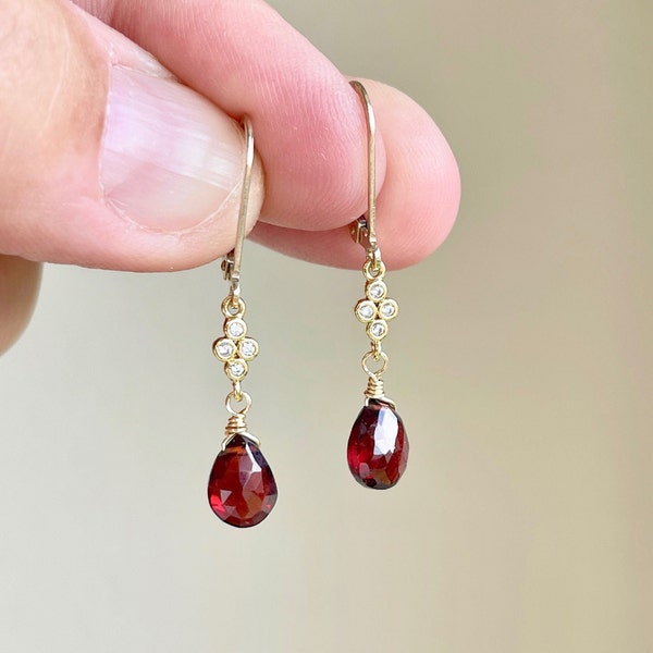 Garnet Earrings, January Birthstone, Red Teardrop Dangle Earrings, Minimalist Earrings Gold or Silver, Dainty Garnet Jewelry, Gift for women