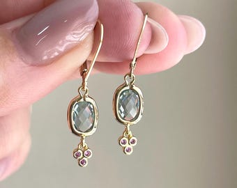Green Amethyst and Pink Topaz Earrings, February Birthstone, Tiny Mint Green and Pink Rectangle Earrings in Gold, Summer Drops, Gift for her