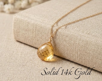 Yellow Topaz Necklace, November Birthstone, Yellow Topaz Teardrop Pendant, Solid 14k Gold, Real Gold Jewelry, Minimal Layering, Gift for her