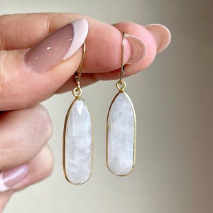 Rainbow Moonstone Earrings, June Birthstone, White Moonstone Elongated Teadrop Earrings in Gold, Moonstone Jewelry Neutral Gift for June