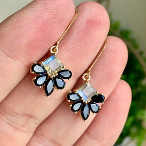 Onyx and Labradorite Earrings, Black and Gray Flower Earrings, Floral Gemstone Jewelry in Gold or Silver, Black Jewelry, Dainty Gift for her
