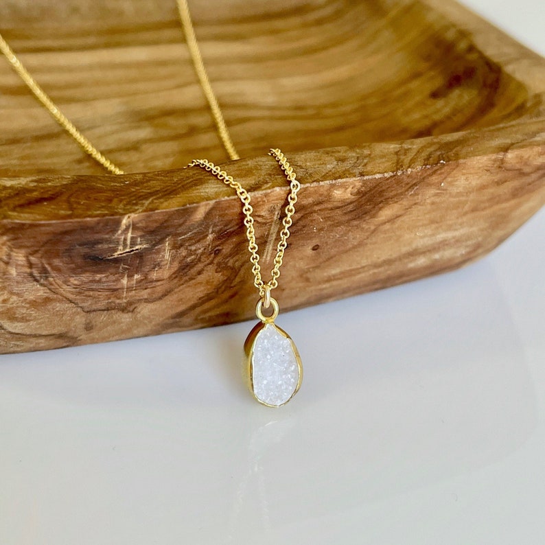 White Druzy Necklace, Geode Crystal Pendant, White Teardrop Necklace, Minimalist Necklace in Gold, Layering Jewelry, Boho Gift for her image 1