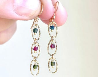 Watermelon Tourmaline Earrings, October Birthstone, Dainty Multicolor Dangle Earrings Gold or Silver, Tourmaline Minimalist Jewelry Gift