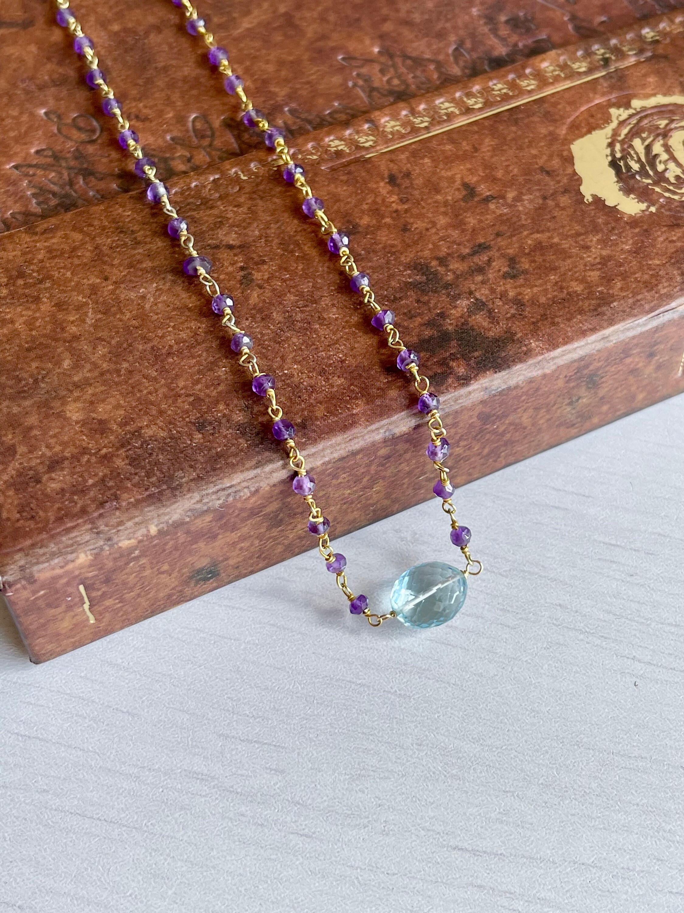 Collier Pendentif En Argent Ancien Avec Topaze Bleue Et Améthyste - Bijou Vintage Occasion