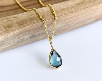 Blue Topaz Necklace, December Birthstone, Tiny Dark Blue Teardrop Pendant, Layering Minimalist Jewelry Gold or Silver, London Blue Mom Gift