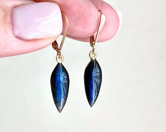 Labradorite Earrings, Blue Fire Icicle Teardrop Minimalist Earrings in Gold, Smooth Labradorite Rice Shape Boho Chic Jewelry, Gift for her